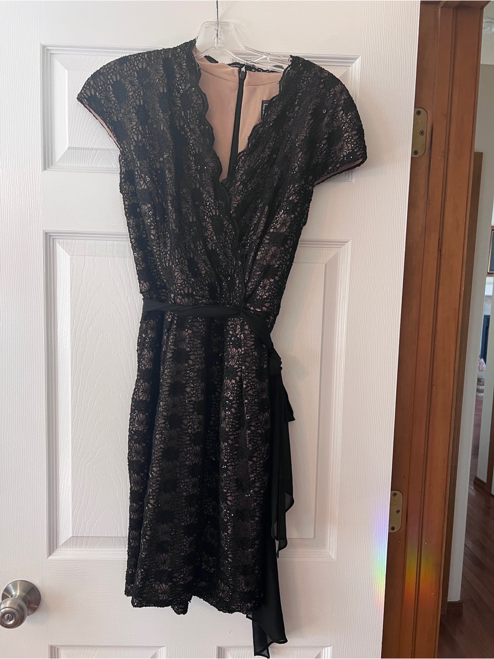 Alex Evenings Black Lace Midi Dress with Nude Lining